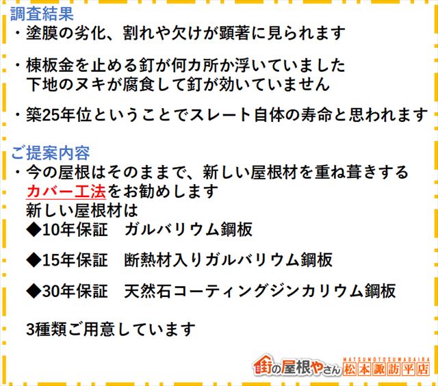 松本市屋根現地調査　ご提案内容